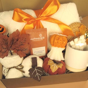 Puede incluir: Una cesta de regalo con art&iacute;culos tem&aacute;ticos de oto&ntilde;o. Incluye una toalla blanca con un lazo naranja, calabazas decorativas, una taza con malvaviscos, un paquete de cacao de chocolate con leche y canela Moonstruck y hojas de oto&ntilde;o.