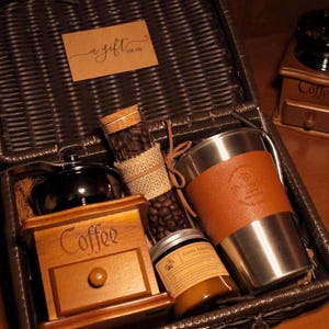 Unique Gift for Him, Coffee Lover Gift Box, In Rattan Keepsake Case, Gift for Dad, Retirement Gift, coffee set, Gift for Her, Thank You Gift image 1