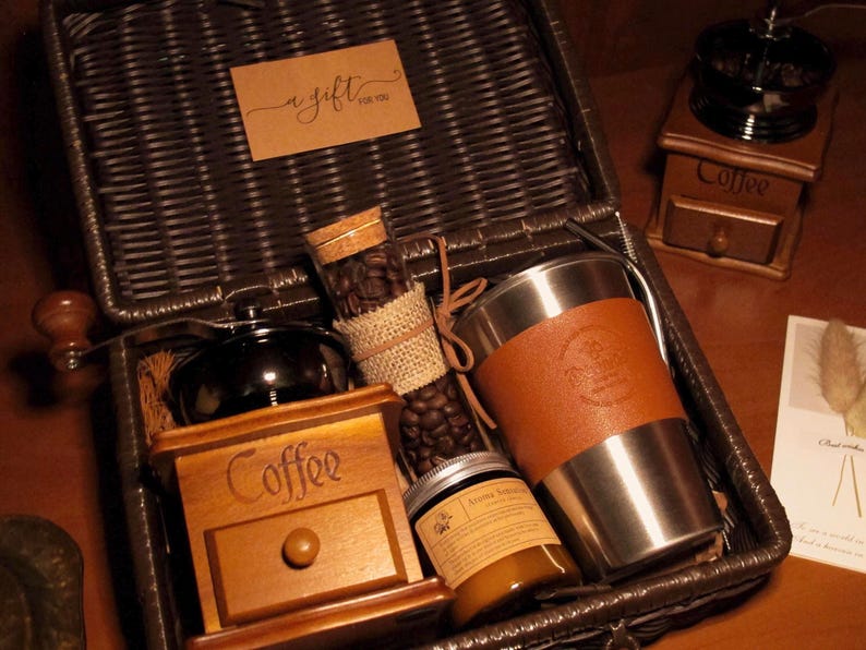 Unique Gift for Him, Coffee Lover Gift Box, In Rattan Keepsake Case, Gift for Dad, Retirement Gift, coffee set, Gift for Her, Thank You Gift image 1