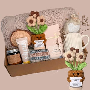 Puede incluir: Una caja de regalo llena de artículos de cuidado personal. Incluye una manta beige, una taza, una vela, loción de karité, chocolate y dos macetas de flores de ganchillo con el texto "Emotional support Plant".
