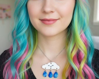 Kawaii Rain Cloud Necklace – Handmade Polymer Clay with Dangly Blue Raindrops (Stainless Steel, 19.5”)