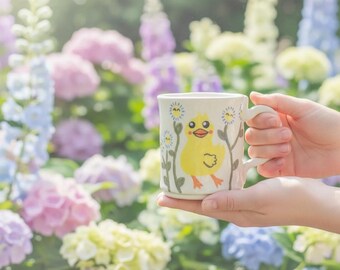 Kawaii Duck Mug – Handmade Ceramic Mug with Flowers (Pre-Order)