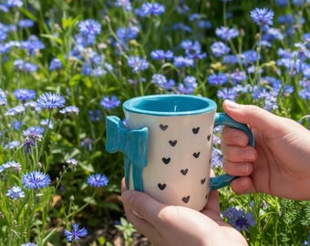 Handmade Ceramic Turquoise Bow Mug with Hearts
