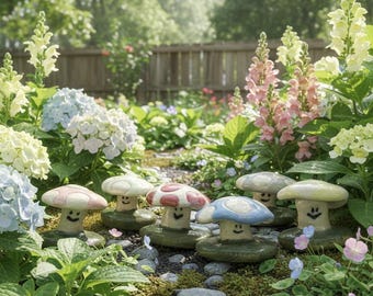 Set (7) Handmade Miniature Ceramic Mushroom Figurines: Fairy Garden Decor
