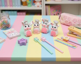 Handmade Bunny Desk Buddy: Polymer Clay Miniature Figurine with Baker Hat