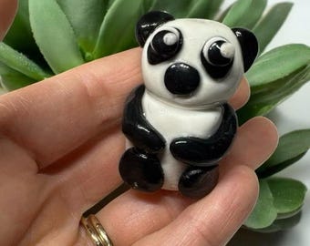 Handmade Panda Desk Buddy: Polymer Clay Miniature Figurine with Bamboo Panda Lover’s Gift