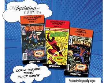 Comic themed Bar Bat Mitzvah Wedding ticket place cards seating