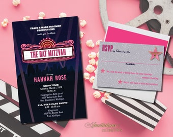 MOVIE marquee invitation & RSVP card  Bat Mitzvah Sweet 16 Quinceañera