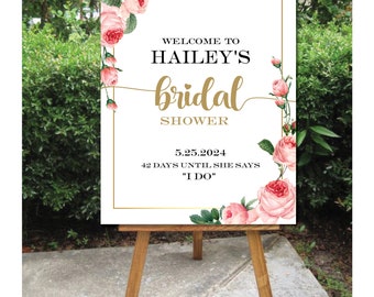 Custom "Welcome to Bridal" sign pink roses & gold border Printable file 24 hour turnaround