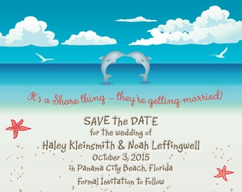 Kissing dolphins Beach SAVE the DATE Seashells Aqua PRINTABLE
