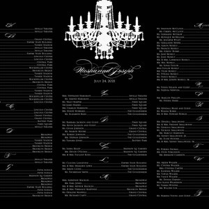 May include: A black and white wedding seating chart featuring a chandelier graphic at the top. The names of guests are listed alphabetically with their table assignments. The wedding date, July 24, 2021, is displayed in the center.