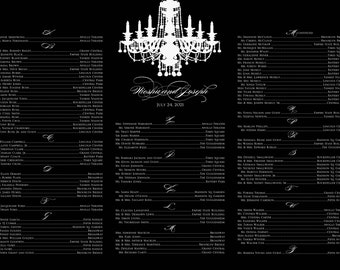 Elegant white on black chandelier wedding seating chart board poster DIY printable version - customized for you
