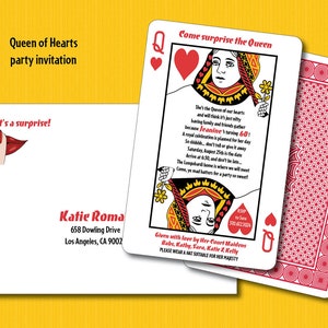 Queen of hearts party invitation playing card design 2 sided