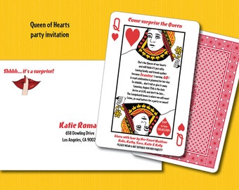 Queen of hearts party invitation playing card design 2 sided