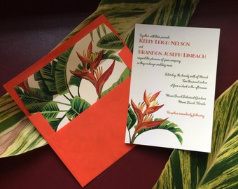 Retro 1950's Tropical Wedding invitation Florida destination wedding Palm leaves Bird of Paradise