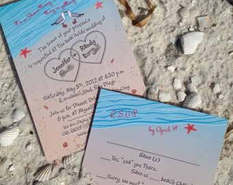 Beach wedding invitation with Hearts in sand Seagulls and Seashells Aqua DIGITAL or printed