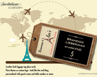 Leather Look Luggage Tag Place Cards: Paris Theme, Custom Design, Wedding, Bar Mitzvah