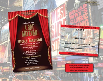 Custom Broadway THEATRE red curtain stage invitation & RSVP card DEPOSIT Bar or Bat Mitzvah