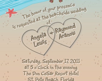 DIY Beach wedding invitation Hearts sand Seagulls and Seashells Aqua & RSVP