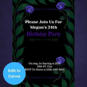 Gothic Geburtstagseinladung Laden Vorlage Lila Rose Blumen Party einladen | Bearbeitbare Canva Download | Dunkel Elegante Ästhetik | Für Erwachsene