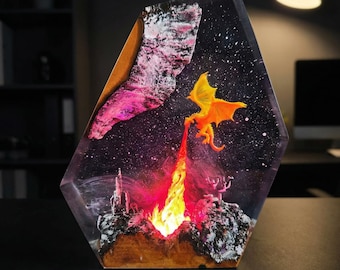 Lampe en résine dragon de feu - Veilleuse époxy faite main, lampe de bureau sculpture de dragon, décoration de salle de jeux, cadeau personnalisé unique