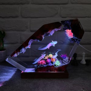 Axolotl Resin Lamp – Mexican Salamander Wooden Night Light, Handmade Epoxy Ocean Lamp, Table Resin Lamp, Best Gift for Her