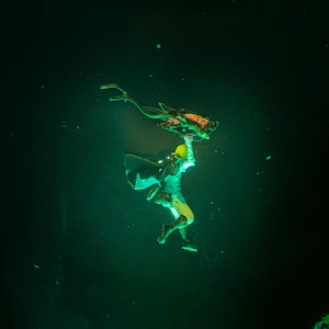 Puede incluir: Una figura con un atuendo verde y amarillo, con una capa negra, sosteniendo una criatura detallada con forma de drag&oacute;n sobre su cabeza. El fondo es un entorno oscuro, te&ntilde;ido de verde, que sugiere un entorno submarino o de fantas&iacute;a. La figura est&aacute; en el aire.