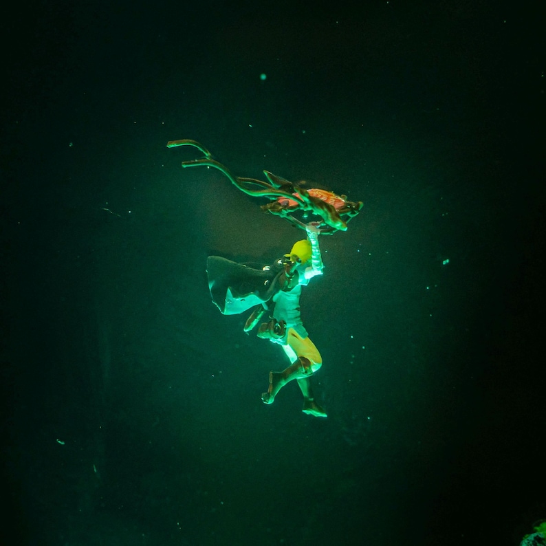 Puede incluir: Una figura con un atuendo verde y amarillo, con una capa negra, sosteniendo una criatura detallada con forma de drag&oacute;n sobre su cabeza. El fondo es un entorno oscuro, te&ntilde;ido de verde, que sugiere un entorno submarino o de fantas&iacute;a. La figura est&aacute; en el aire.