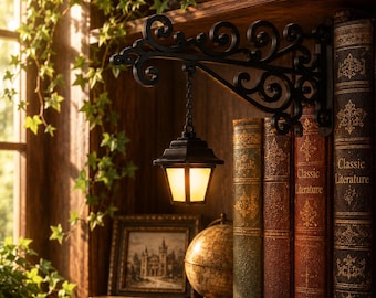 Wisząca lampa-latarka na półkę, lampa z kutego żelaza w kształcie zwoju, dekoracja kącika książkowego, prezent BookTok, przytulna lampa biblioteczna, prezent dla miłośnika książek