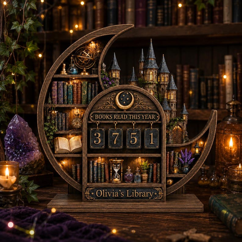 May include: A crescent moon-shaped wooden bookshelf display featuring a miniature castle, illuminated shelves with books, an hourglass, and a mechanical counter with the text "BOOKS READ THIS YEAR" and "3751" above a plaque reading "Olivia's Library."