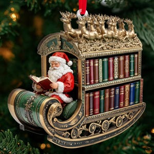 May include: A festive Christmas ornament depicting Santa Claus reading in a sleigh-shaped bookcase. The ornament has gold detailing, a red hanging ribbon, and a line of reindeer. The bookcase is filled with miniature books, adding to the charm.