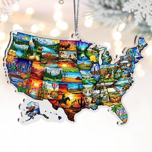 May include: A United States map ornament with colorful illustrations of various states. The ornament is made of clear acrylic and has a silver string for hanging. Each state is depicted with iconic imagery, including landscapes, landmarks, and wildlife.