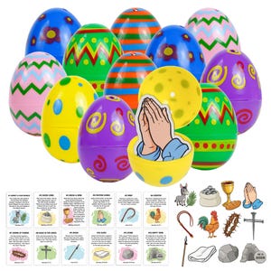 May include: A collection of colorful Easter eggs with various patterns, including zigzags, stripes, and floral designs. Some eggs are open, revealing a praying hands image. Small cards with religious illustrations and text are also present.