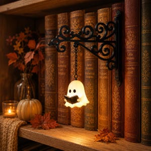 Bokhyllelampa med lässpöke, hängande spökhyllelampa, dekoration av bokhörna i järn, mysig Halloween-present till bokälskare