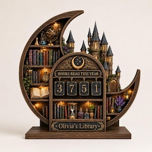 May include: A crescent moon-shaped wooden bookshelf display featuring a miniature castle, illuminated shelves with books, an hourglass, and a tracker with the text BOOKS READ THIS YEAR and 3751, plus a plaque reading Olivia's Library.