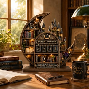 May include: A crescent moon-shaped wooden bookshelf display featuring a miniature castle, illuminated shelves with books, an hourglass, and a mechanical counter displaying the text BOOKS READ THIS YEAR 3751 and the name Olivia's Library.