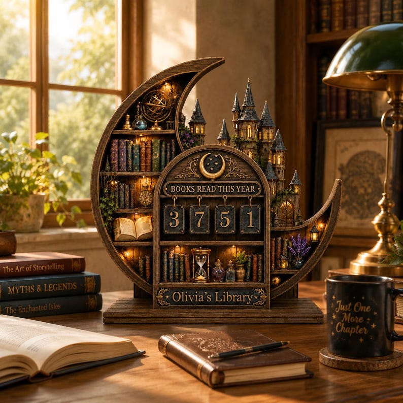 May include: A crescent moon-shaped wooden bookshelf display featuring a miniature castle, illuminated shelves with books, an hourglass, and a mechanical counter displaying the text BOOKS READ THIS YEAR 3751 and the name Olivia's Library.