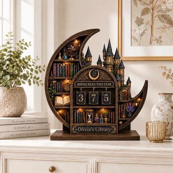 Personalized Moon Castle Book Tracker, Custom Reading Tracker Wood Decor, Book Lover Gift, Dark Academia Desk Decor, Fantasy Library Sign