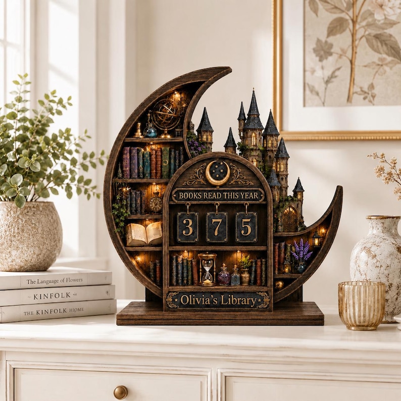 May include: A crescent moon-shaped wooden bookshelf display featuring a miniature castle, shelves filled with books, an hourglass, and a mechanical counter displaying the text BOOKS READ THIS YEAR and the name Olivia's Library with the number 375.