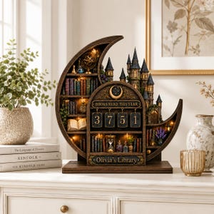 May include: A crescent moon-shaped wooden bookshelf display featuring a miniature castle, illuminated shelves with tiny books, an hourglass, and a mechanical counter displaying the text BOOKS READ THIS YEAR 3751 and the name Olivia's Library.