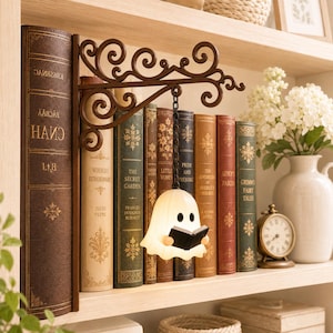 Custom Reading Ghost Bookshelf Lamp, Personalized Hanging Ghost Shelf Light, Iron Scroll Bracket Book Nook Decor, Cozy Halloween Book Lover