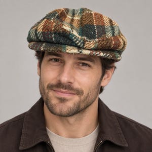 Puede incluir: Una gorra plana con un patrón de cuadros multicolor en tonos marrón, verde oscuro y crema. La gorra tiene una corona redondeada y estructurada con una visera corta y rígida en la parte delantera, hecha de un tejido texturizado.