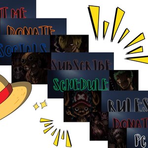May include: A digital graphic featuring a straw hat with a red band, and various panels with text like "About Me", "Donate", and "Subscribe". The panels have images of anime characters.