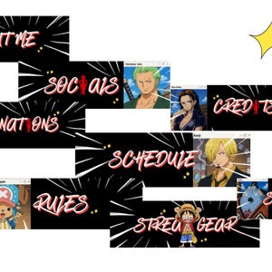 Può includere: Una collezione di grafiche stilizzate con personaggi della serie anime One Piece. Ogni grafica ha uno sfondo nero con linee radiali bianche e testo rosso. Le grafiche includono "About Me", "Socials", "Donations", "Rules", "Schedule", "Credits", "Stream Gear" e "Subscribe".