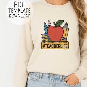 Teacher Life Applique PDF Template, Apple Pencil Book Design, School Sweatshirt Patch, Back to School Embroidery Pattern