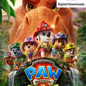 Pode incluir: Um cartaz de filme para Paw Patrol The Dino Movie com seis cachorros animados em equipamento de resgate diante de um grande dinossauro laranja. O texto diz Adventure Reaches New Heights, Paw Patrol The Dino Movie e Only In Theatres August 2026.