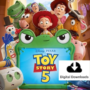 Pode incluir: Um cartaz promocional de Toy Story 5 apresentando um tablet verde em forma de sapo no centro com o título do filme e o logotipo da Disney Pixar. Ao redor do tablet estão vários personagens animados, incluindo Woody, Jessie, Buzz e Rex.