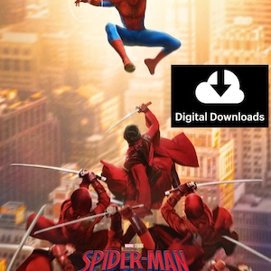 May include: A film poster showing Spider-Man in a red and blue suit leaping above a group of figures in red outfits wielding swords. The text reads "SPIDER-MAN BRAND NEW DAY", "MARVEL STUDIOS", "EXCLUSIVELY IN CINEMAS", "COMING SOON", and "Digital Downloads".