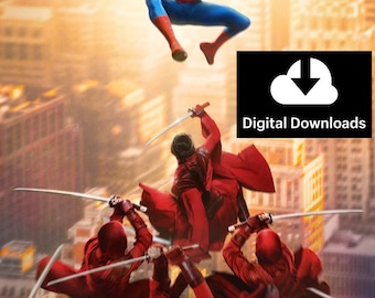 Puede incluir: Un póster de película con Spider-Man en un traje rojo y azul saltando sobre un grupo de figuras con trajes rojos que empuñan espadas. El texto dice "SPIDER-MAN BRAND NEW DAY", "MARVEL STUDIOS", "EXCLUSIVELY IN CINEMAS", "COMING SOON" y "Digital Downloads".
