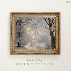 May include: A framed winter landscape painting. The artwork depicts snow-covered trees along a path, with a river in the background. The frame is ornate with a gold finish. The text "Decembers Gallery CURATED PRINTABLE ART" is at the bottom.